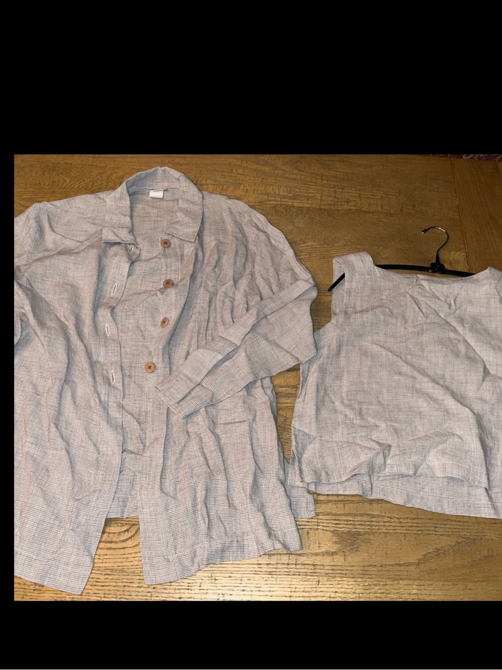 Eileen Fisher M Tan Gray Linen Button Up Collared Shirt & Tank Top Set
